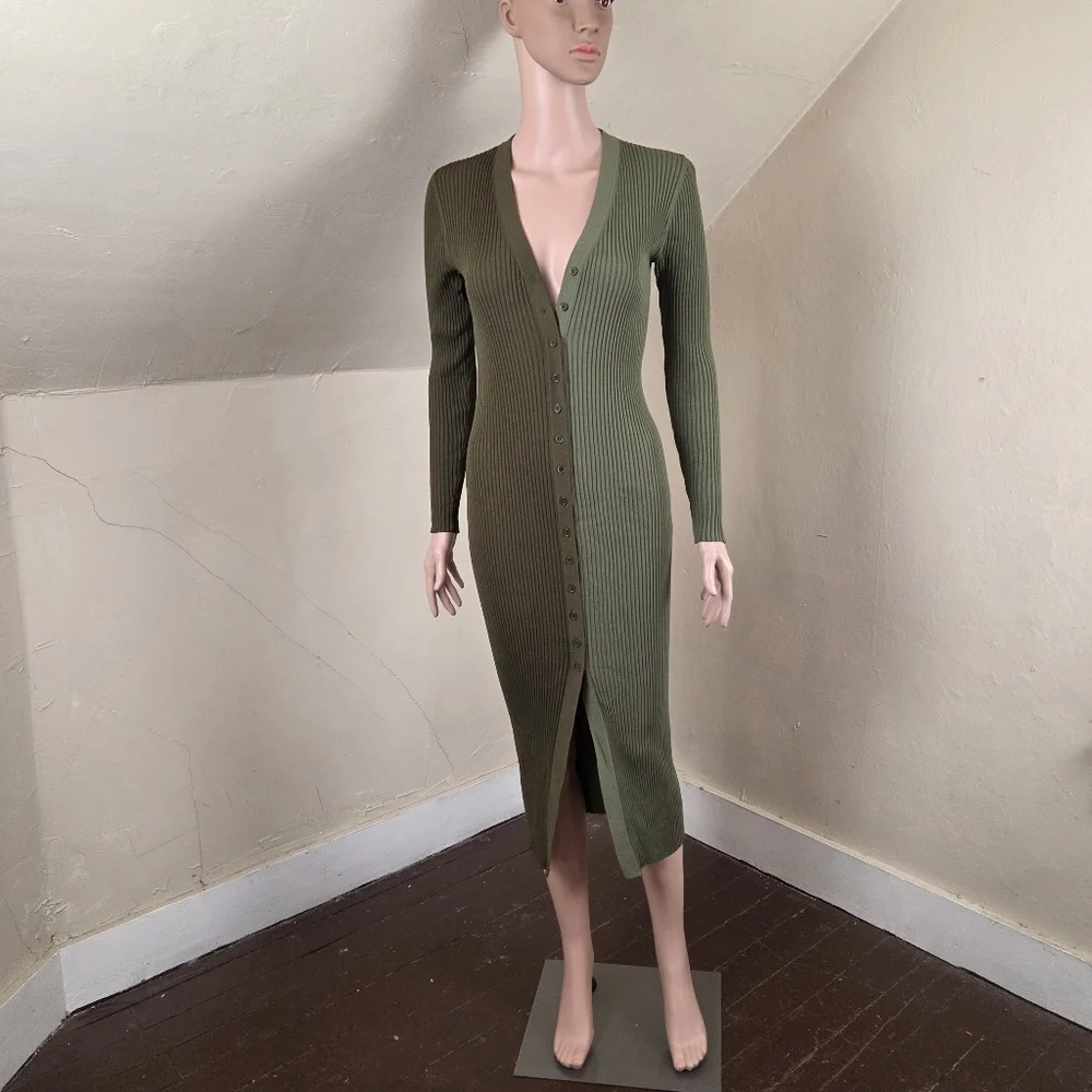 STAUD Ribbed Two Tone Green Midi Dress S Button Front Stretch Viscose Fitted - Picture 2 of 12